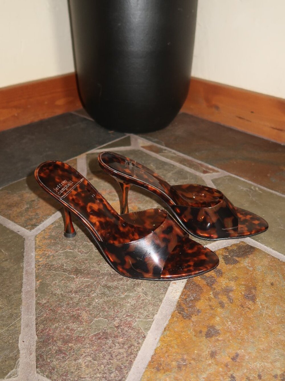 Jeffrey Campbell Agent Tortoise Vinyl Peep Toe Slide Sandals